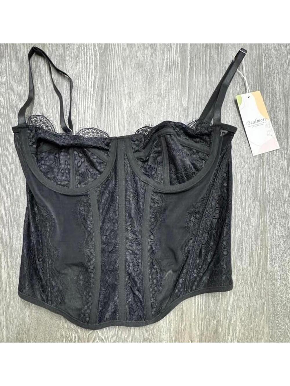 Dealmore Black Lace Mesh Spaghetti Strap Corset Top Women Size Medium